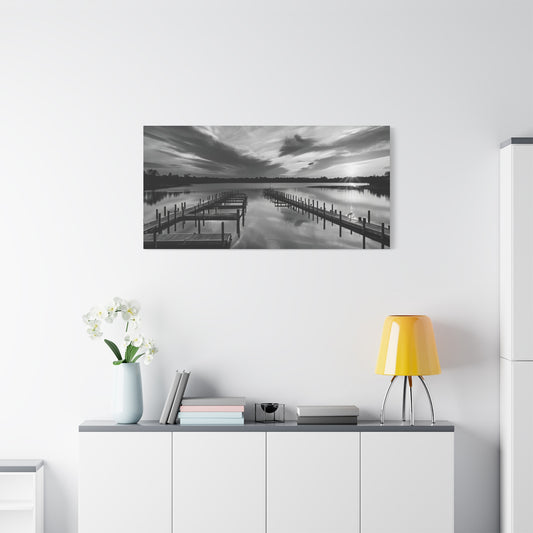Serene Black and White Landscape Canvas Wall Art. Experience the calming vibe of overlooking the water at the end of the day.