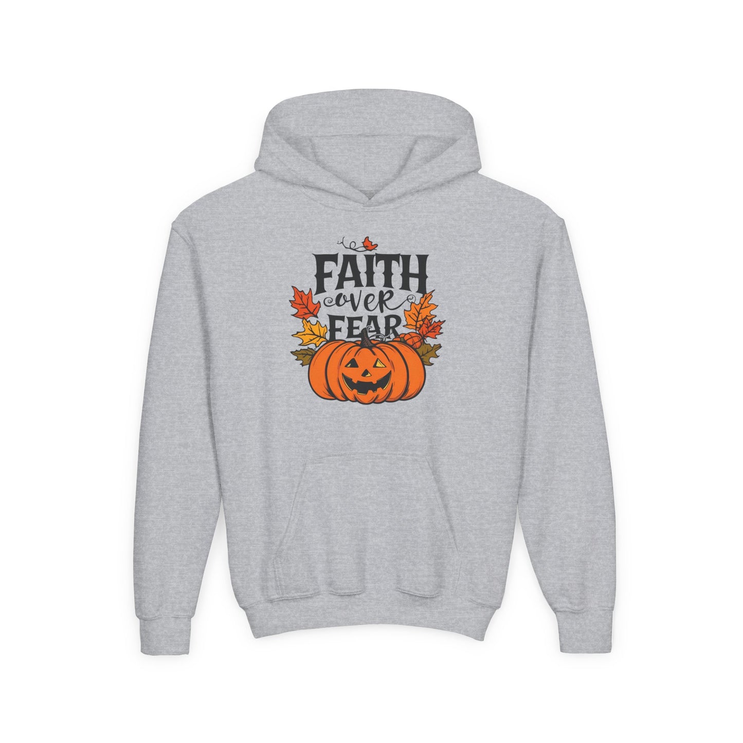 Halloween Faith Over Fear Kids Hoodie - Fall Sweatshirt, Halloween Apparel, Cozy Gift, Pumpkin Design, Inspirational Clothing