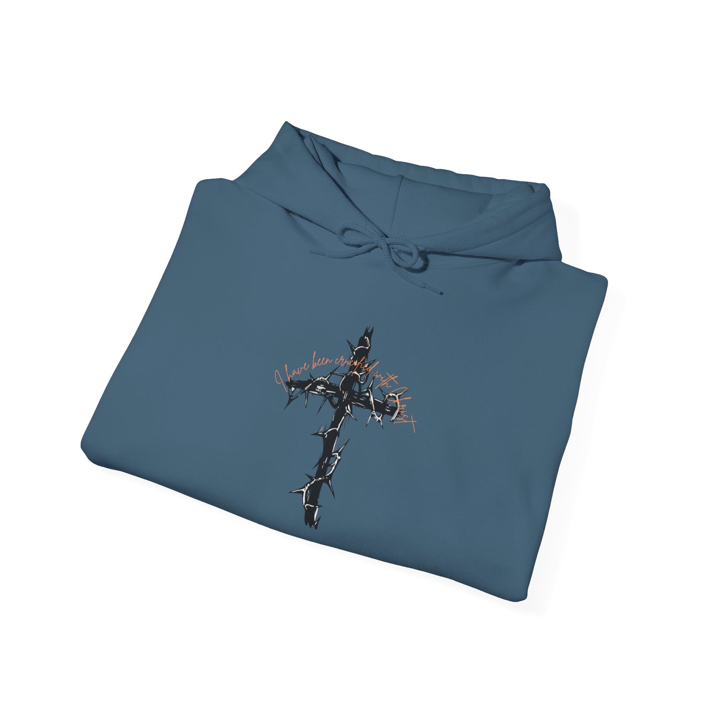 Faith Inspired Christian Cross with Thorns on Front and Galatians 2:20 on back Hooded Sweatshirt