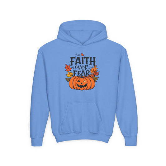 Halloween Faith Over Fear Kids Hoodie - Fall Sweatshirt, Halloween Apparel, Cozy Gift, Pumpkin Design, Inspirational Clothing