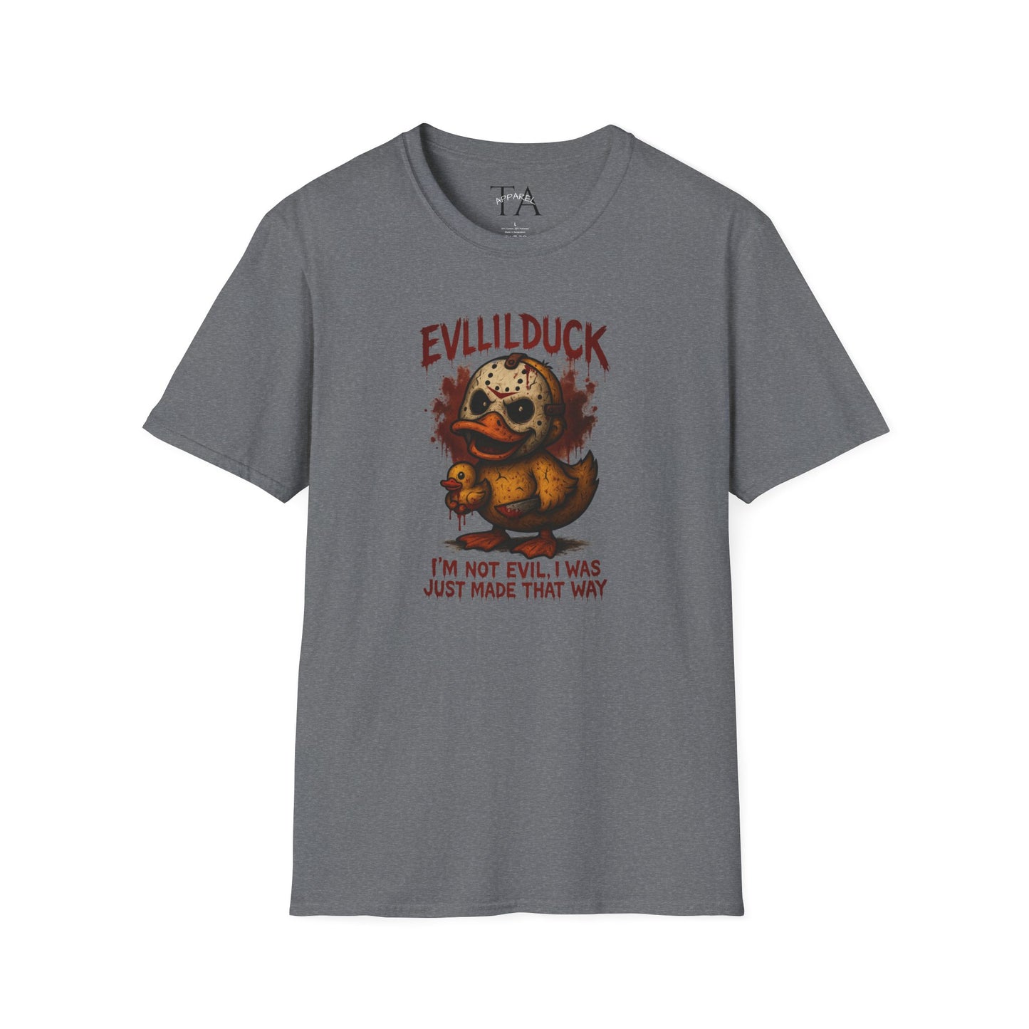 EVLLILDUCK Funny Graphic T-Shirt, Cute Duck Shirt, Unisex Softstyle Tee, Gift for Kids, Funny Quirky T-Shirt, Casual Wear, Halloween Apparel