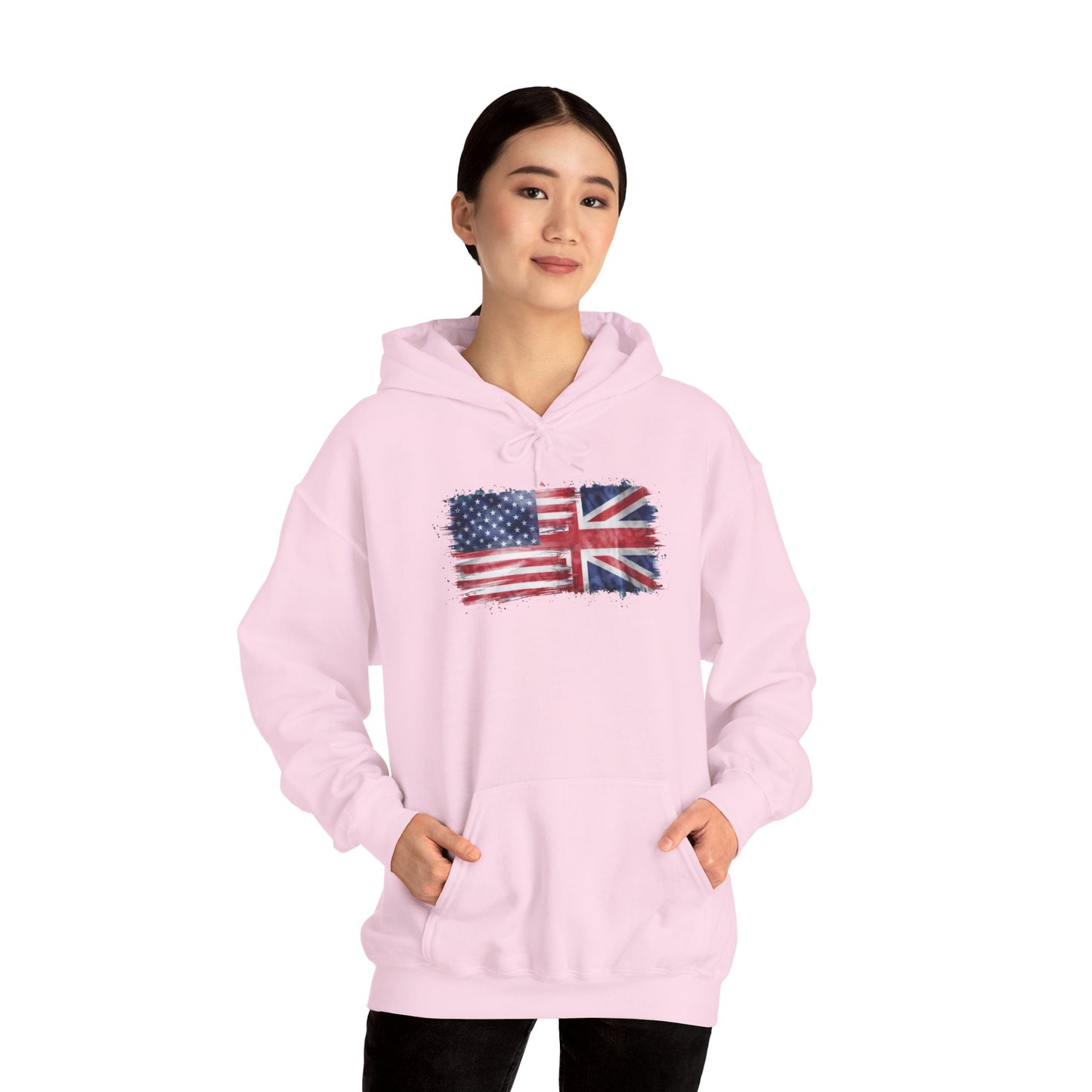 Patriotic Hooded Sweatshirt | Unisex Heavy Blend™ | USA & UK Flag Design | Cozy Gift for Holidays, Reunions, or Casual Wear