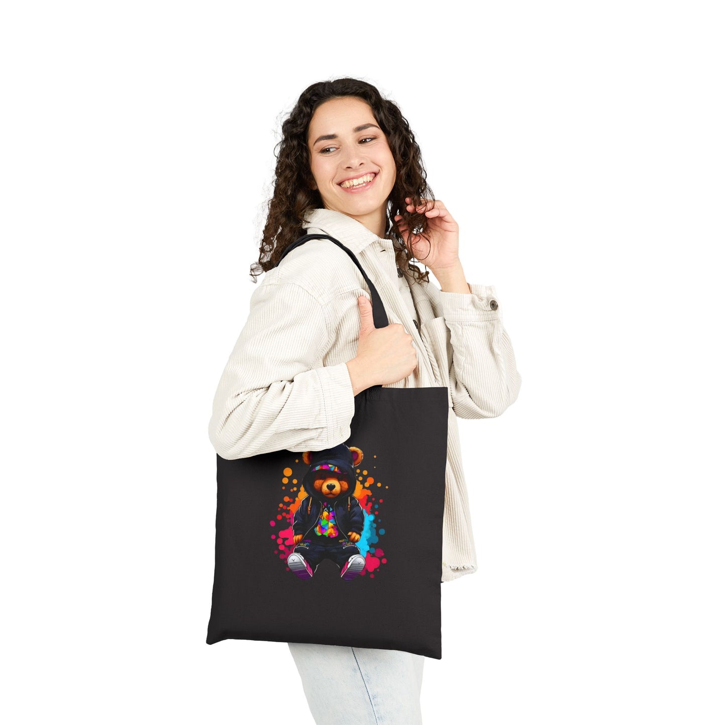Cotton Canvas Colorful Bear Art Tote Bag