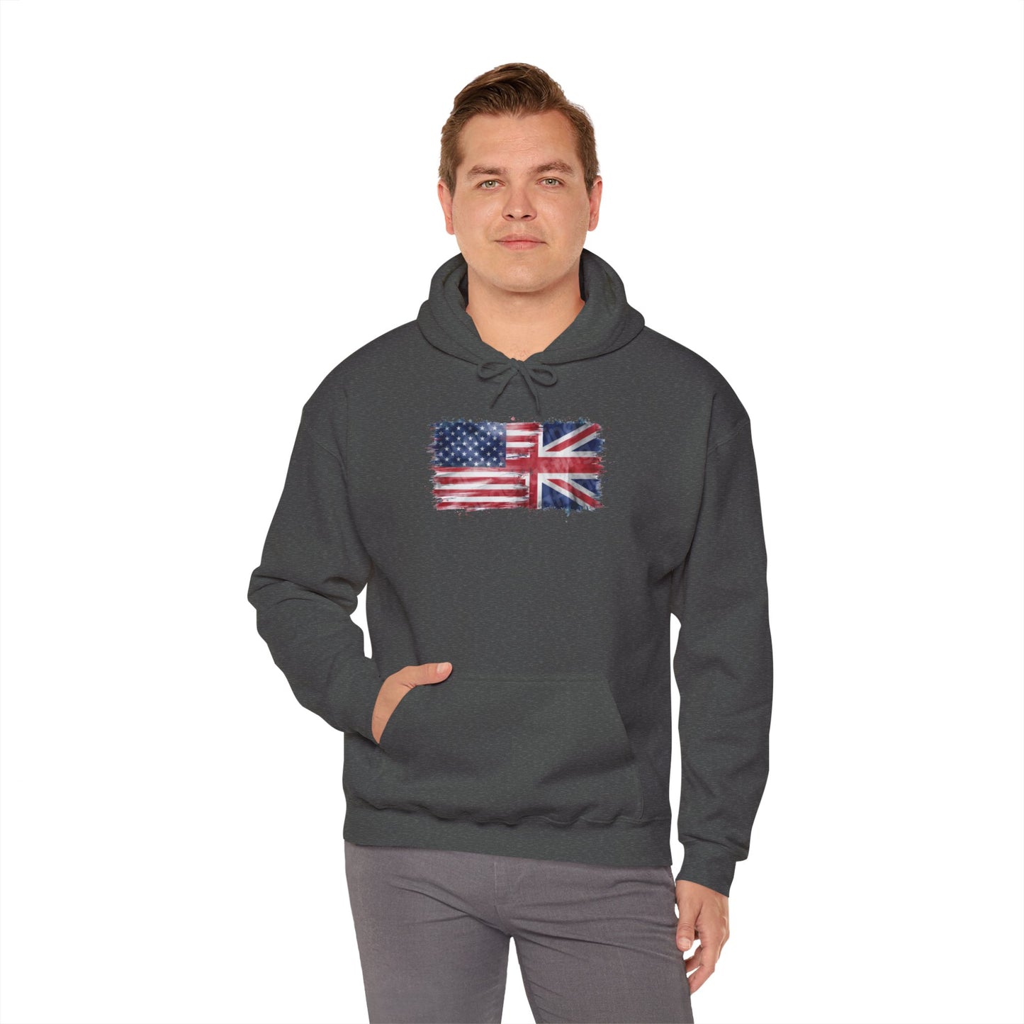 Patriotic Hooded Sweatshirt | Unisex Heavy Blend™ | USA & UK Flag Design | Cozy Gift for Holidays, Reunions, or Casual Wear