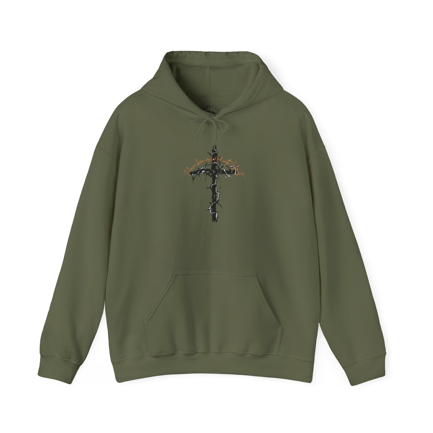 Faith Inspired Christian Cross with Thorns on Front and Galatians 2:20 on back Hooded Sweatshirt
