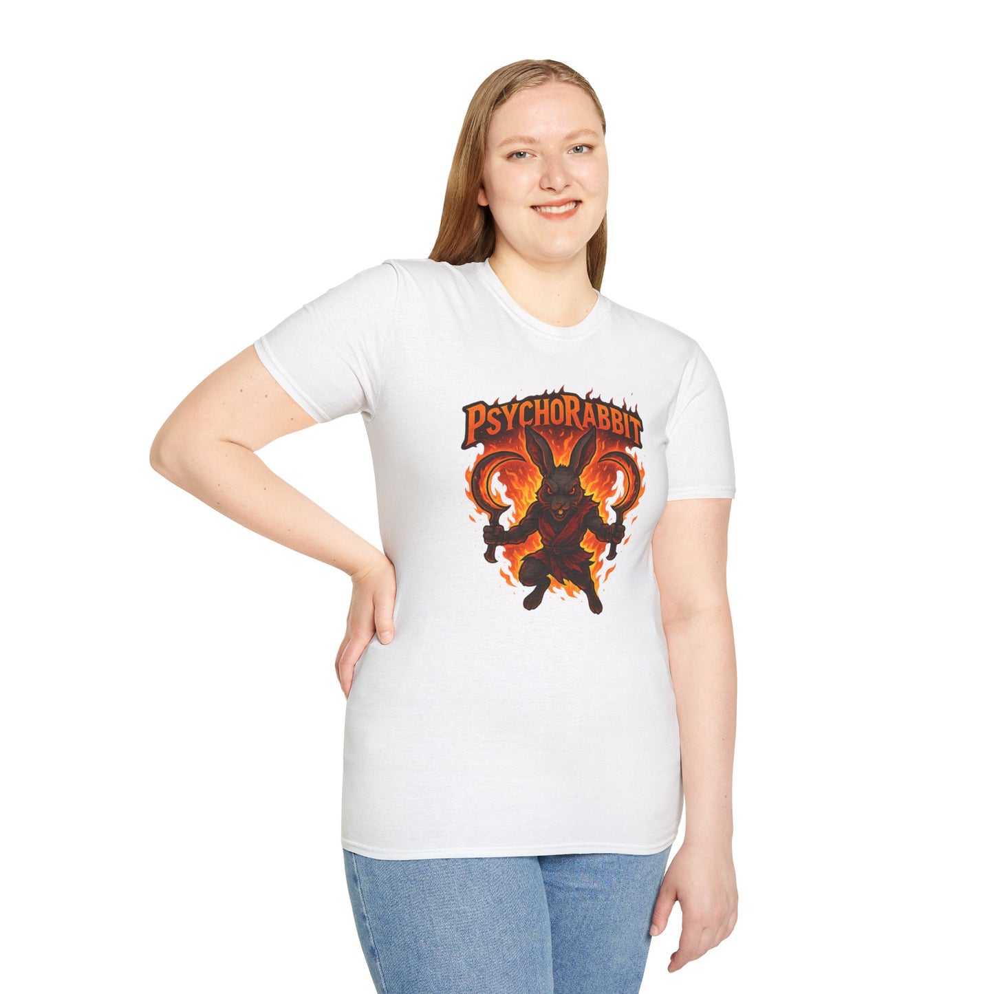 Psychorabbit Graphic Tee | Unisex Softstyle T-Shirt for Anime Fans and Gamers