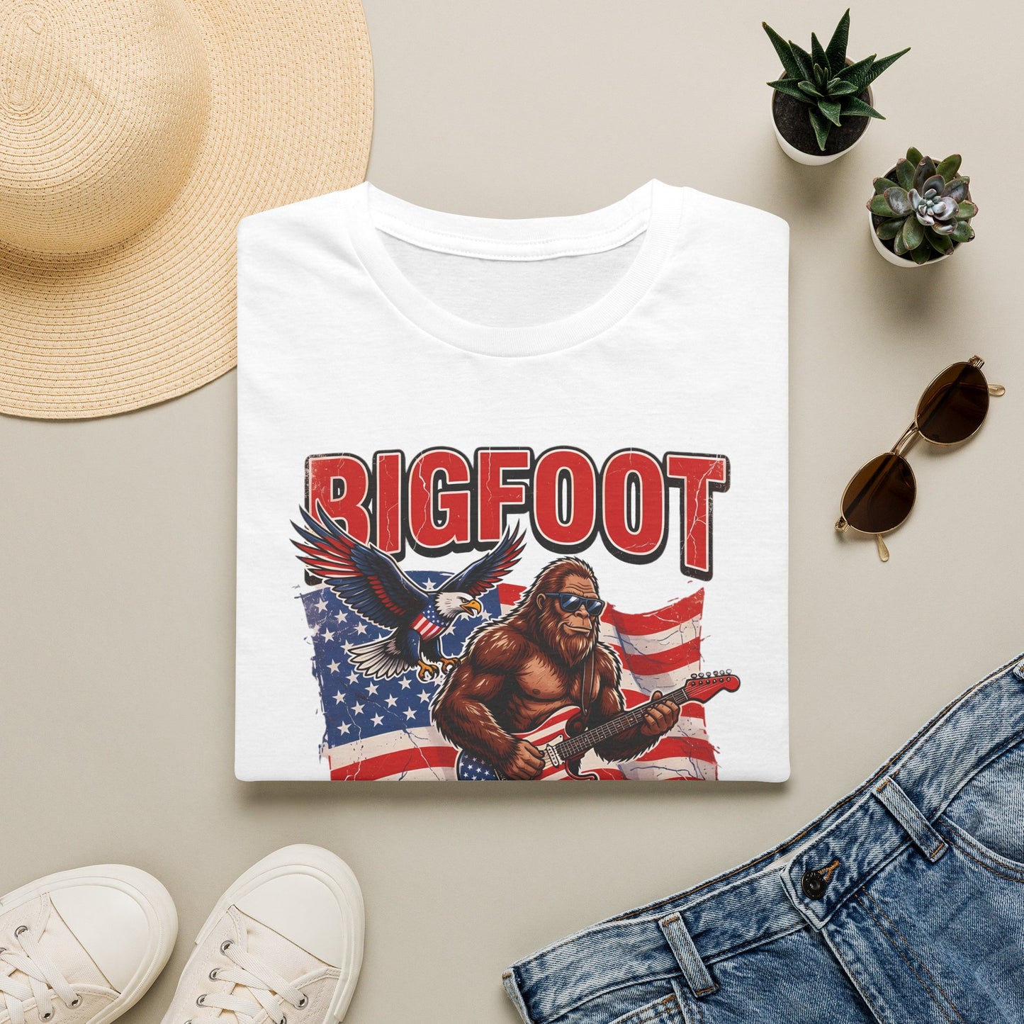 Bigfoot America T-Shirt — Patriotic Bigfoot Playing Guitar Graphic Tee