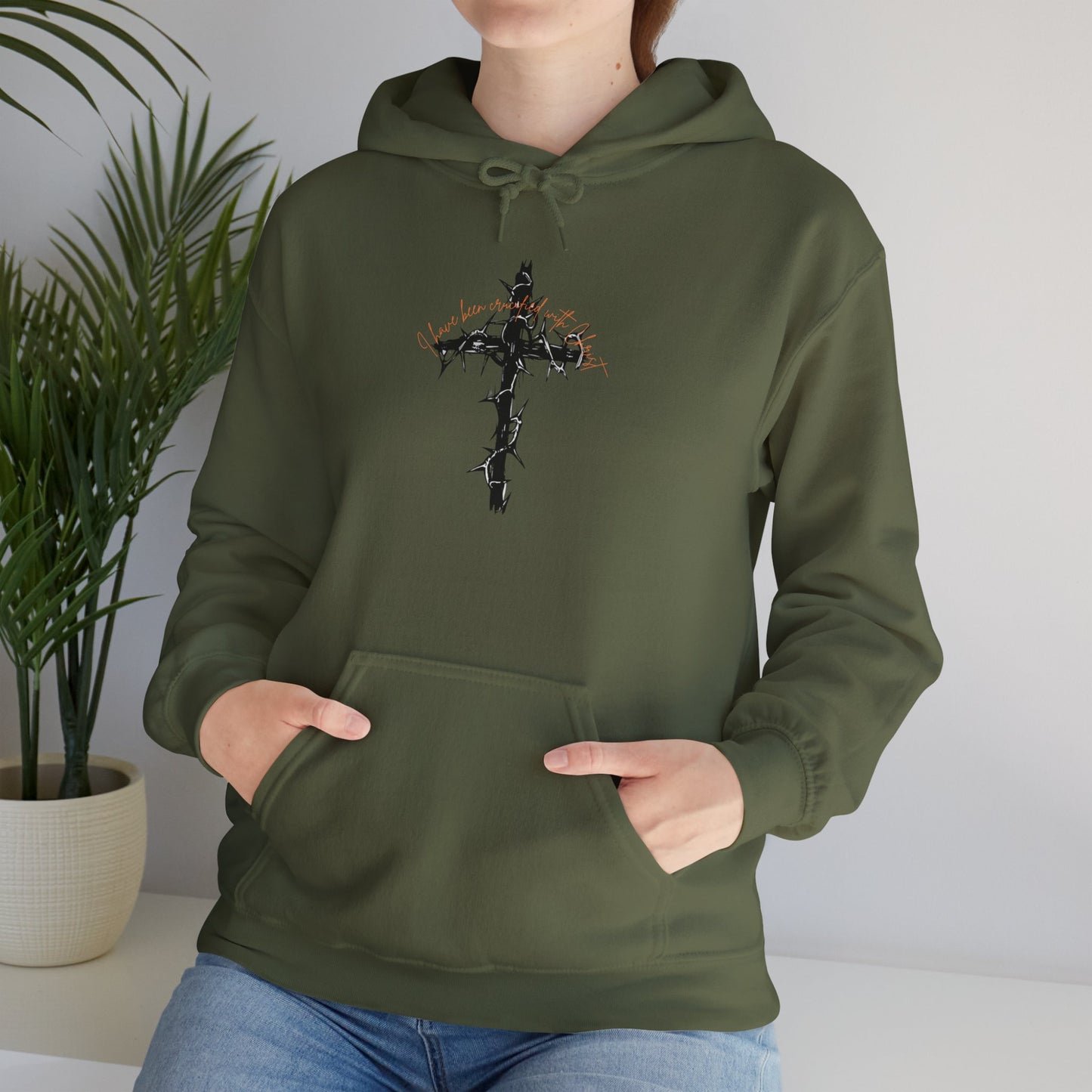 Faith Inspired Christian Cross with Thorns on Front and Galatians 2:20 on back Hooded Sweatshirt