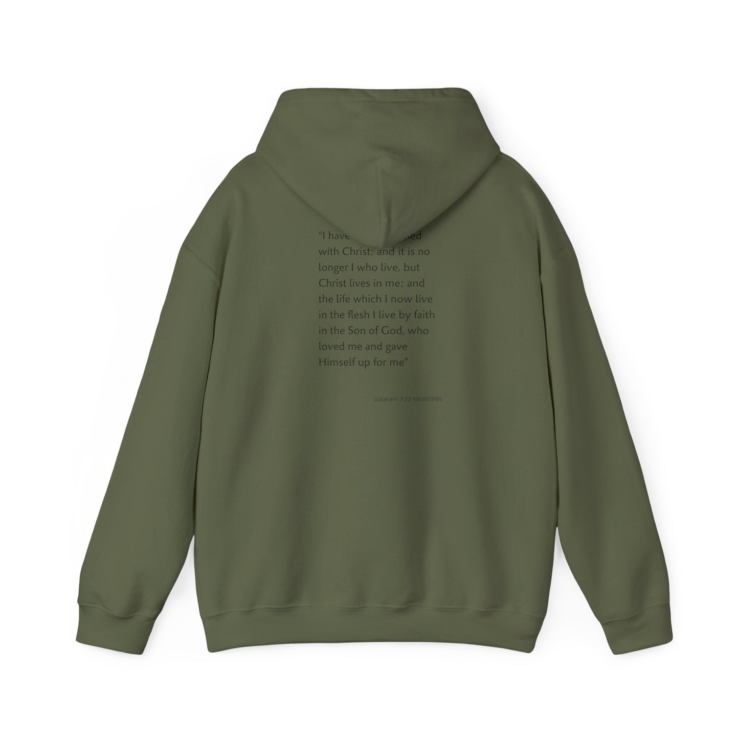 Faith Inspired Christian Cross with Thorns on Front and Galatians 2:20 on back Hooded Sweatshirt