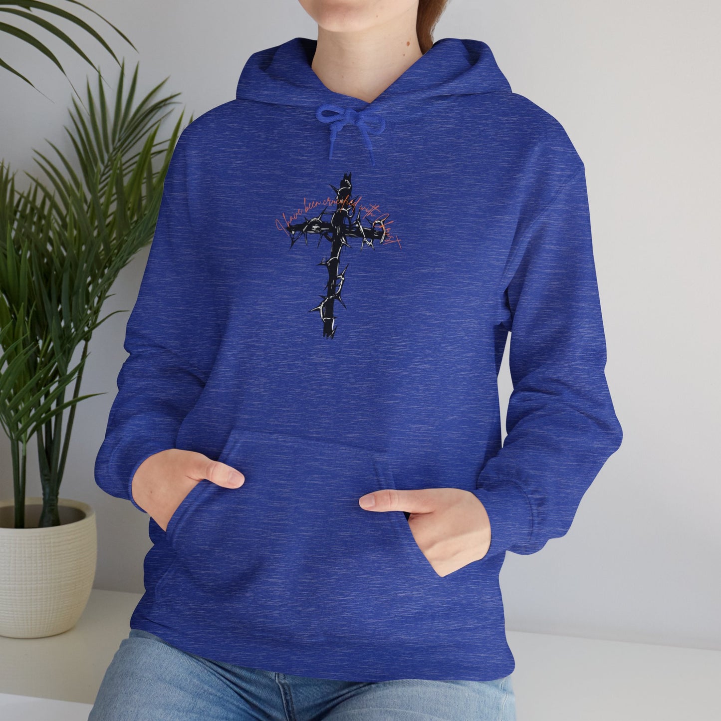 Faith Inspired Christian Cross with Thorns on Front and Galatians 2:20 on back Hooded Sweatshirt