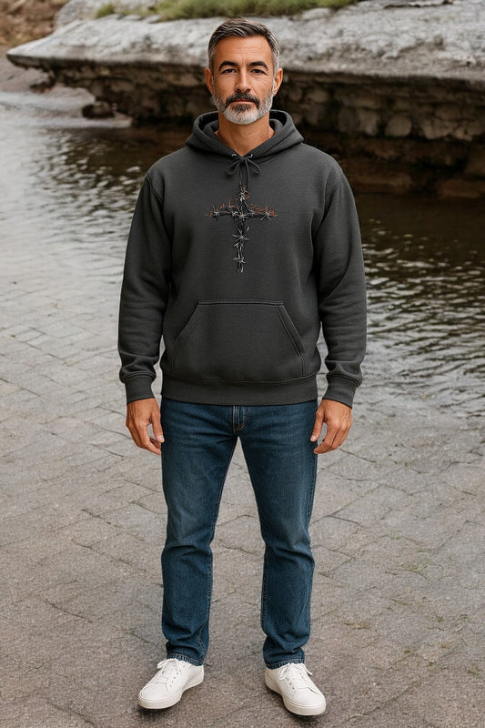 Faith Inspired Christian Cross with Thorns on Front and Galatians 2:20 on back Hooded Sweatshirt