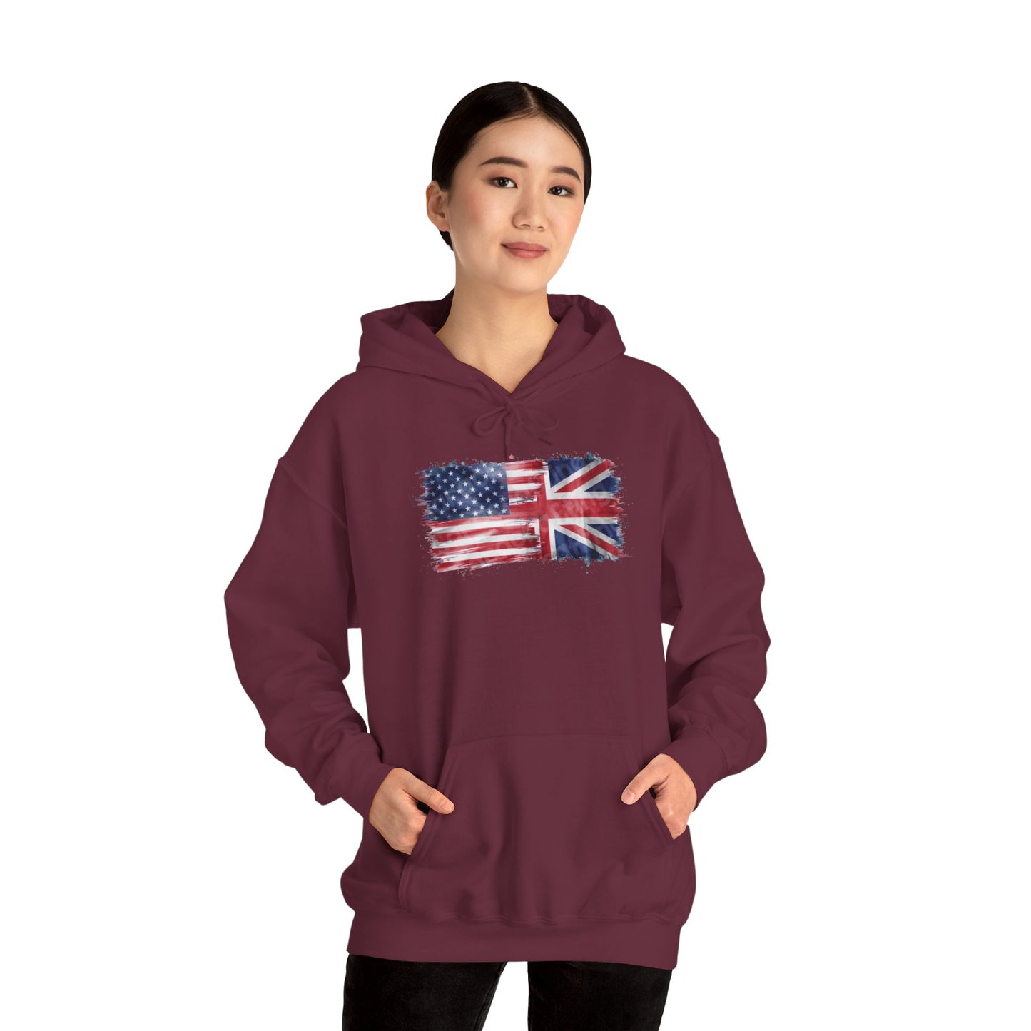 Patriotic Hooded Sweatshirt | Unisex Heavy Blend™ | USA & UK Flag Design | Cozy Gift for Holidays, Reunions, or Casual Wear