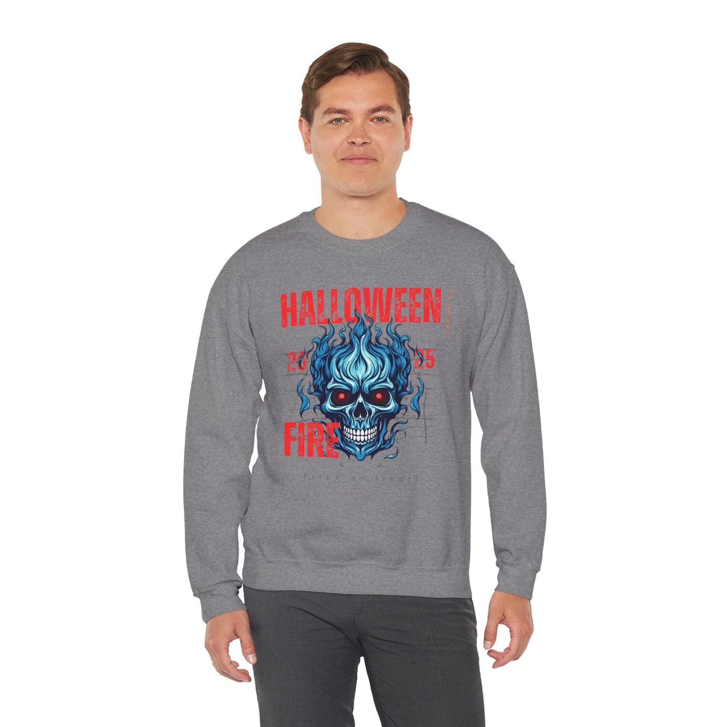 Halloween Fire Skull Sweatshirt, Unisex Crewneck for Fall, Spooky Season Apparel, Gift for Halloween Lovers, Cozy Awareness Top