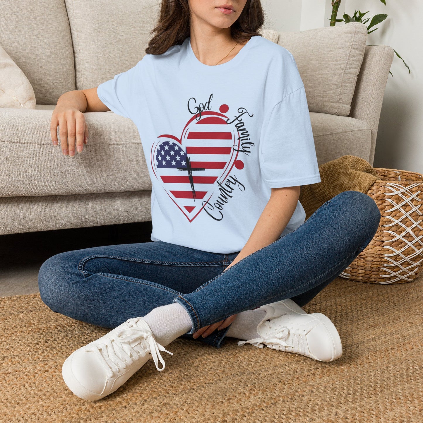 Patriotic Heart T-Shirt — "God Family Country" USA Flag Graphic