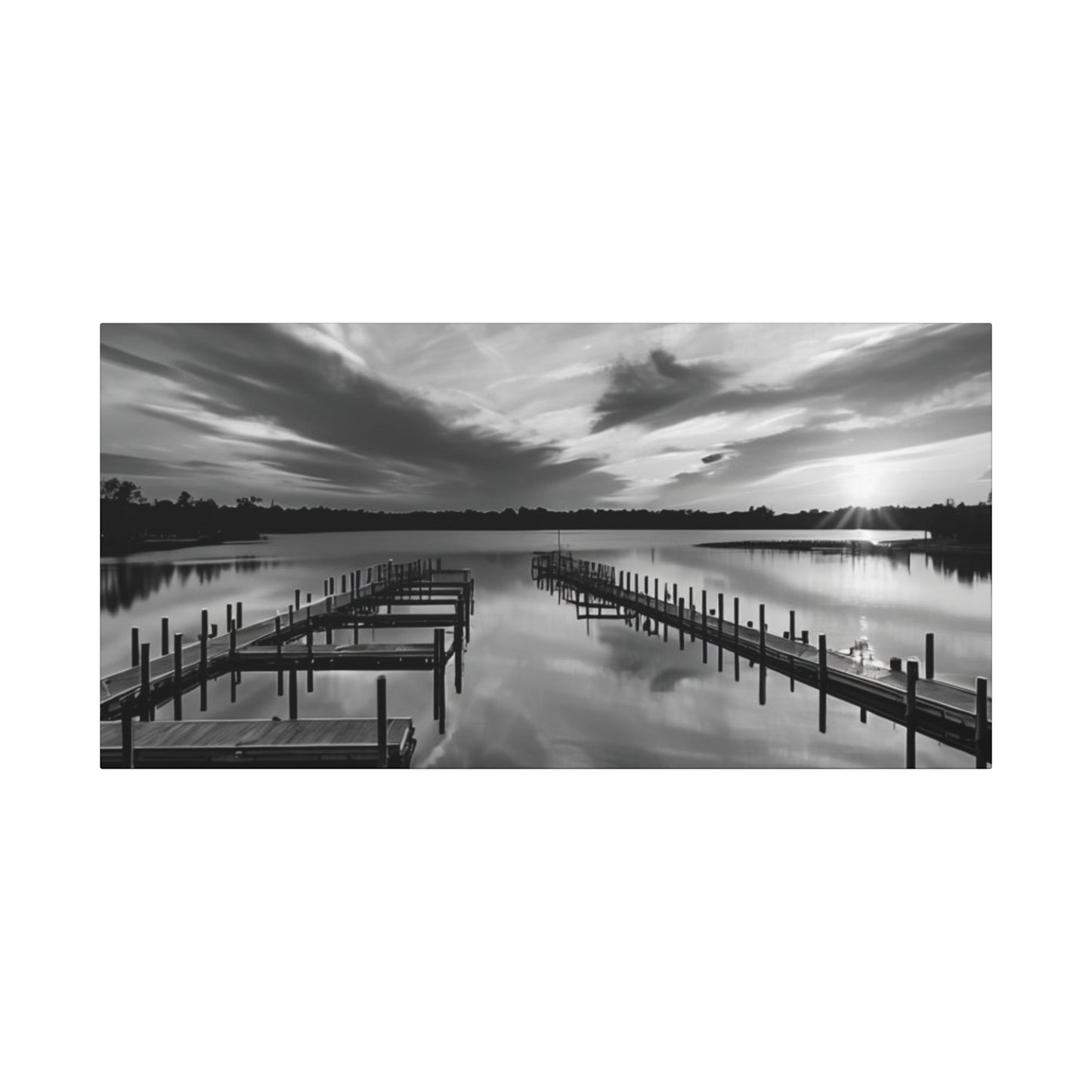 Serene Black and White Landscape Canvas Wall Art. Experience the calming vibe of overlooking the water at the end of the day.