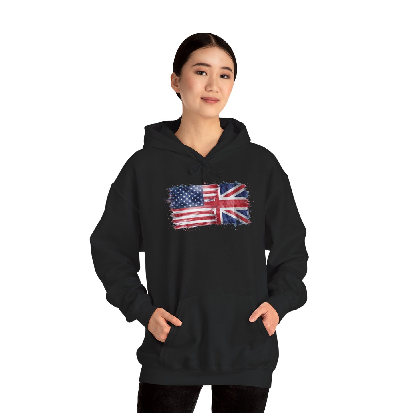 Patriotic Hooded Sweatshirt | Unisex Heavy Blend™ | USA & UK Flag Design | Cozy Gift for Holidays, Reunions, or Casual Wear