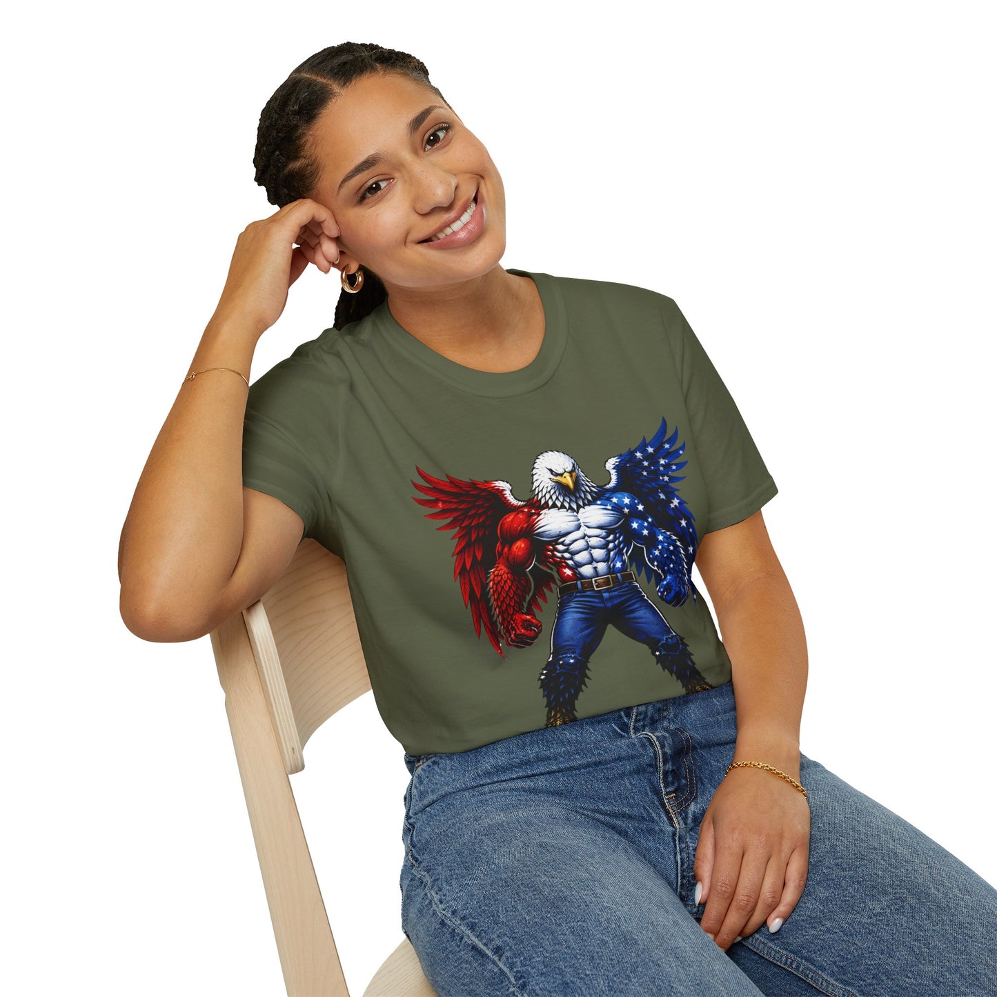 Birdmanzilla Patriotic Muscular Eagle T-Shirt | Red White Blue Winged Eagle Graphic