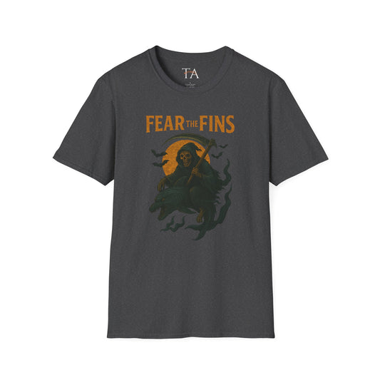 Miami Dolphins Halloween Unisex T-Shirt - Fear the Fins - Gifts for Ocean Lovers, Spooky Occasions, Casual Wear, Beach Parties, Horror Tee
