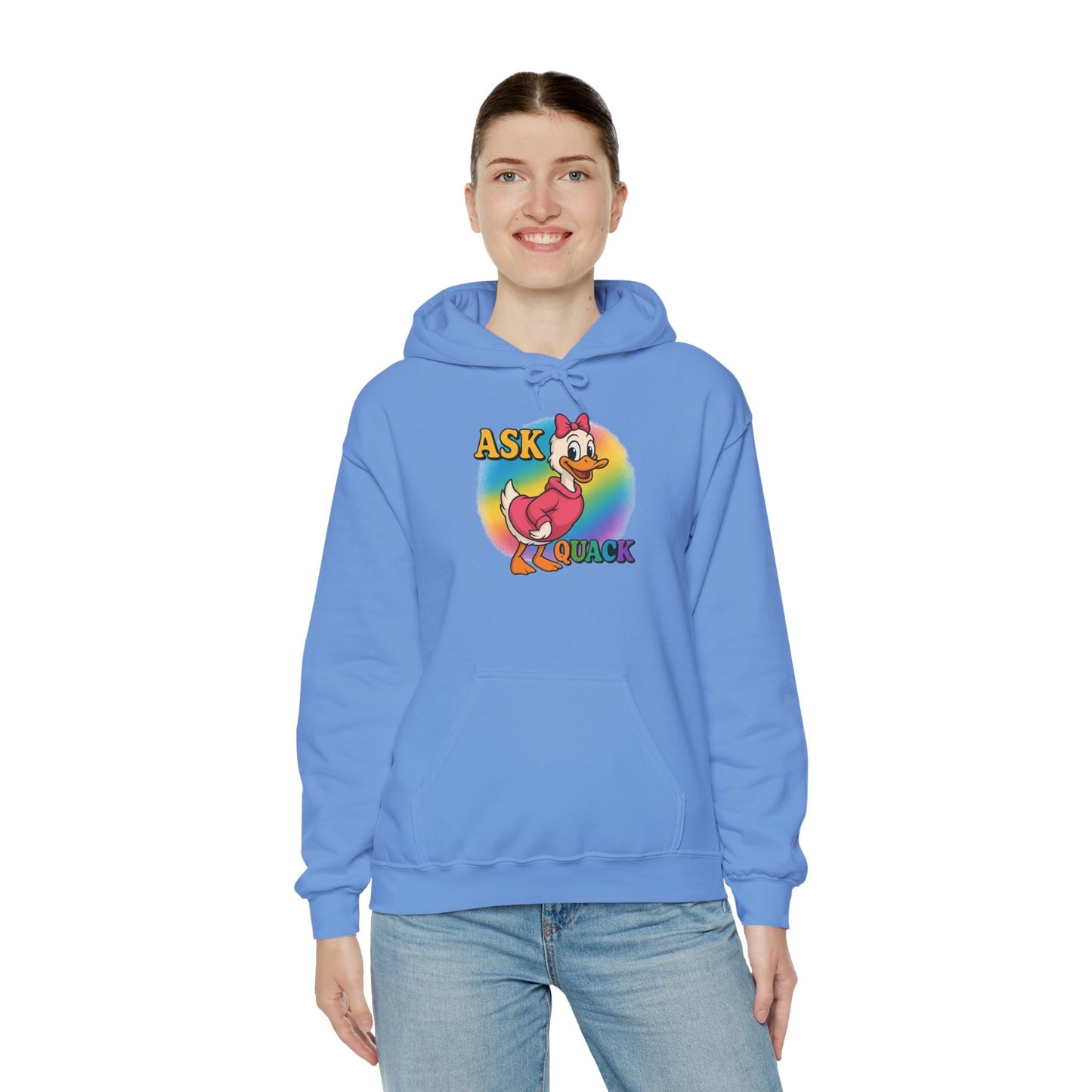Askquack Female Duck Unisex Hoodie, Quirky Duck Design Sweatshirt, Novelty Animal Jumper, Humorous Duck Apparel, Unique Hooded Top