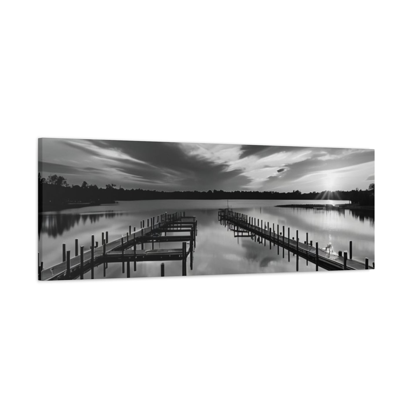 Serene Black and White Landscape Canvas Wall Art. Experience the calming vibe of overlooking the water at the end of the day.