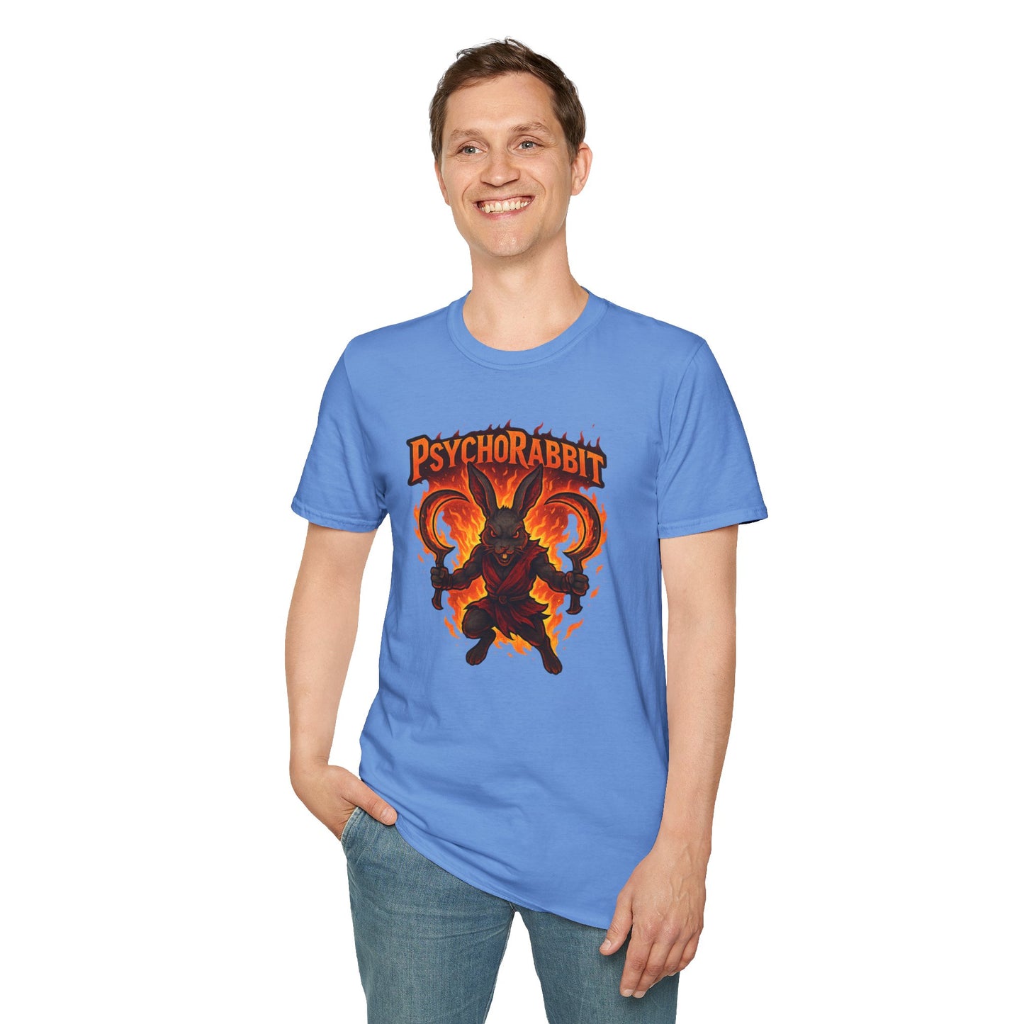 Psychorabbit Graphic Tee | Unisex Softstyle T-Shirt for Anime Fans and Gamers