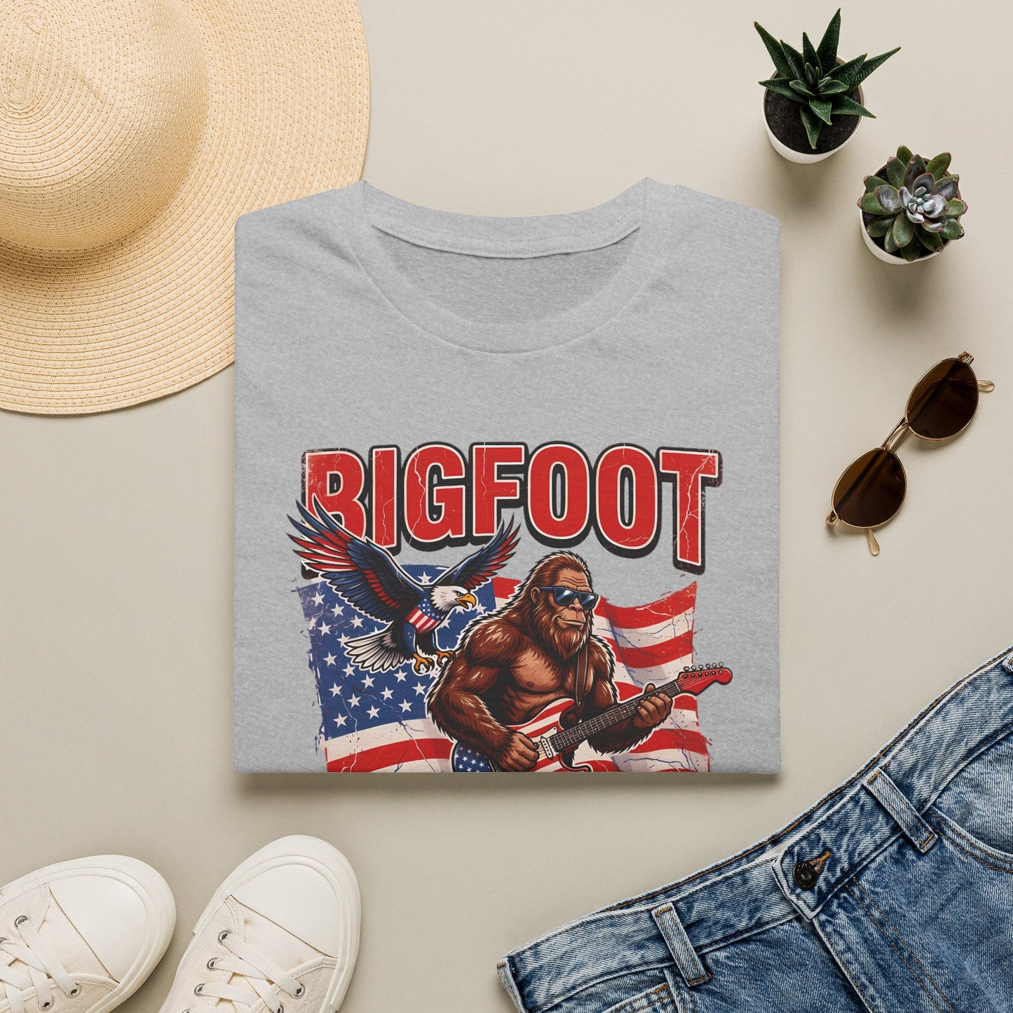 Bigfoot America T-Shirt — Patriotic Bigfoot Playing Guitar Graphic Tee
