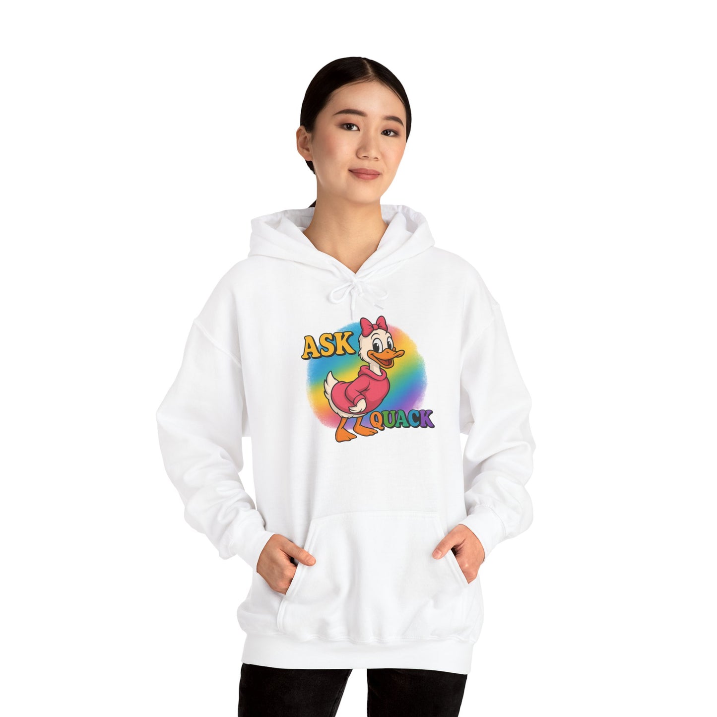 Askquack Female Duck Unisex Hoodie, Quirky Duck Design Sweatshirt, Novelty Animal Jumper, Humorous Duck Apparel, Unique Hooded Top