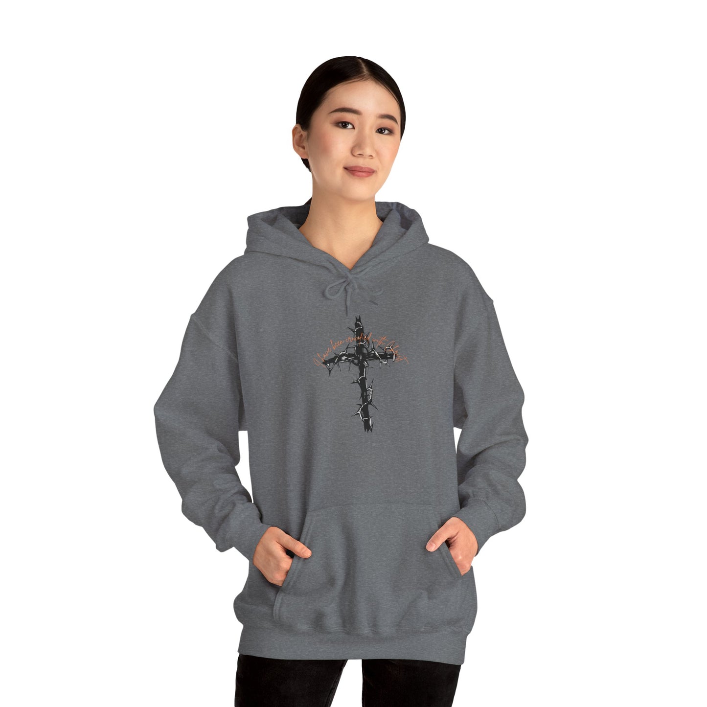 Faith Inspired Christian Cross with Thorns on Front and Galatians 2:20 on back Hooded Sweatshirt