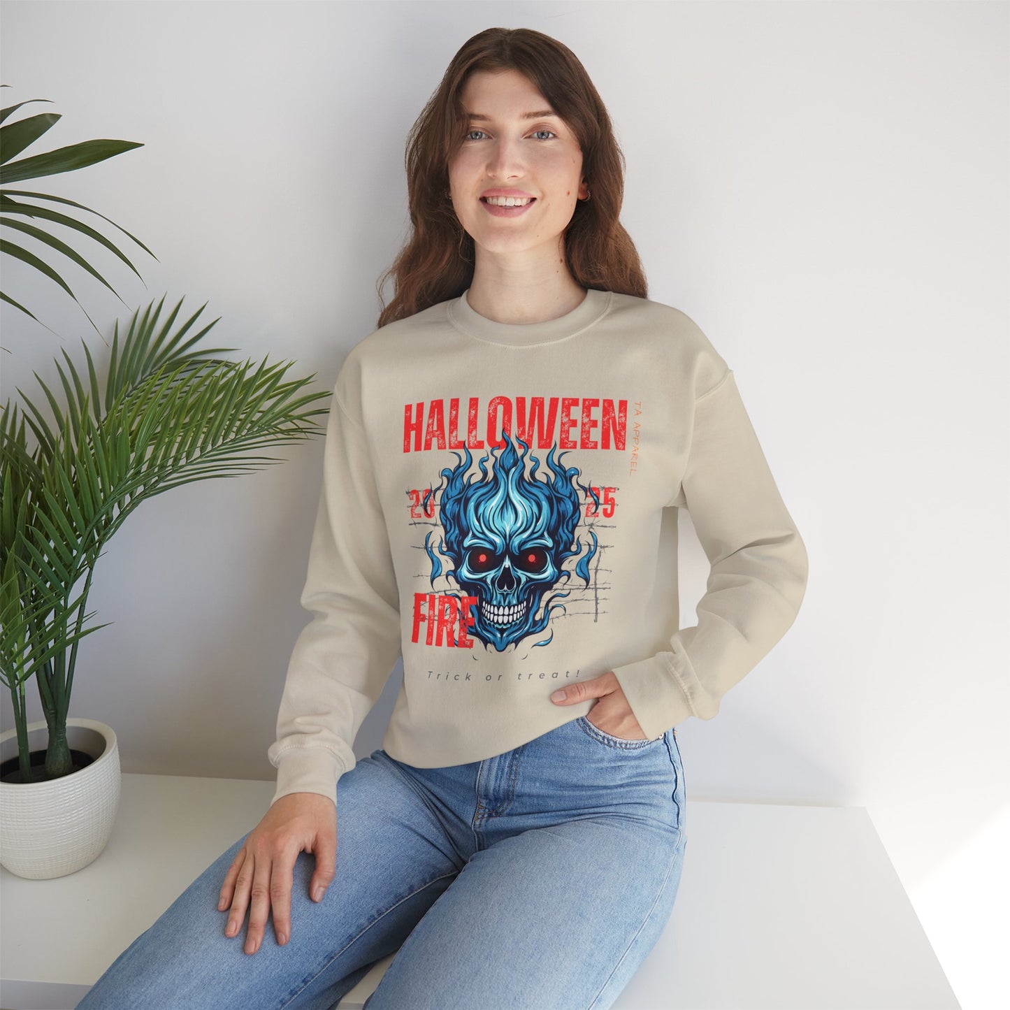 Halloween Fire Skull Sweatshirt, Unisex Crewneck for Fall, Spooky Season Apparel, Gift for Halloween Lovers, Cozy Awareness Top