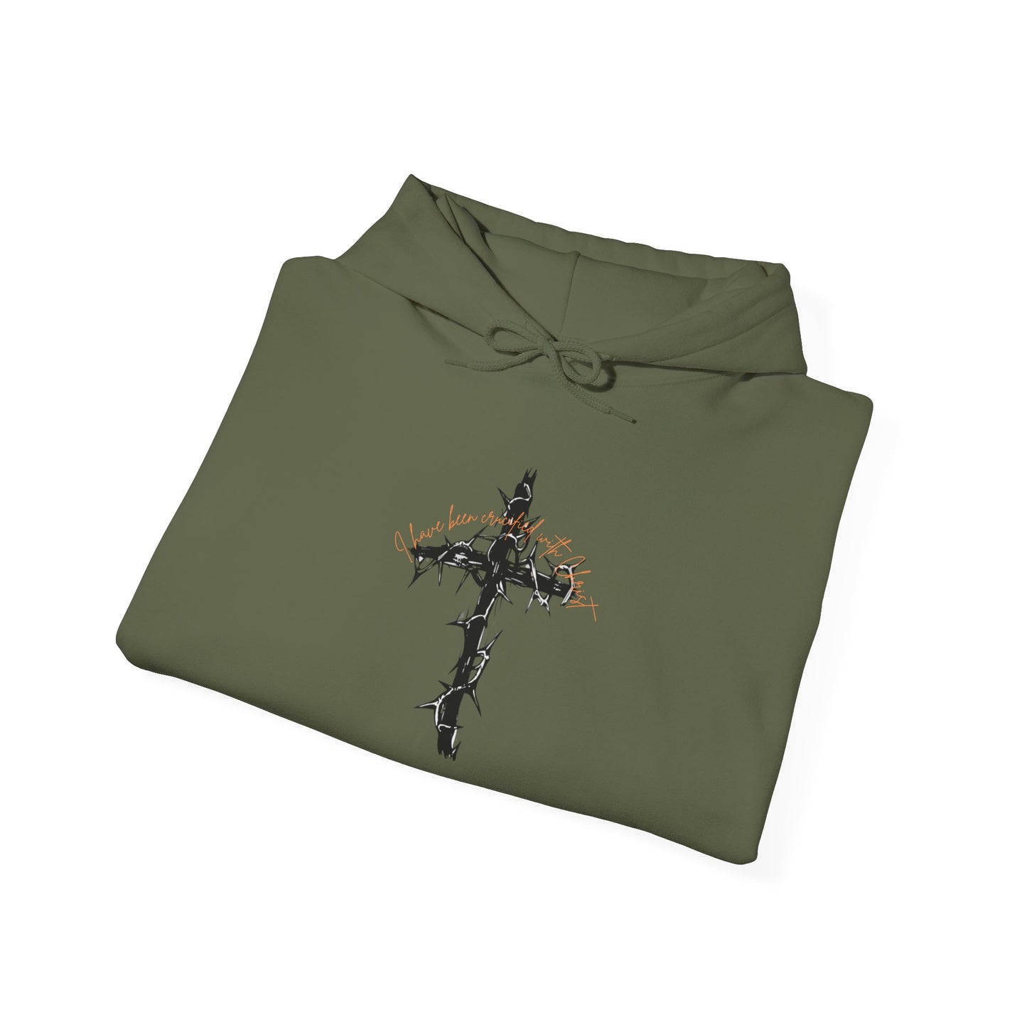Faith Inspired Christian Cross with Thorns on Front and Galatians 2:20 on back Hooded Sweatshirt