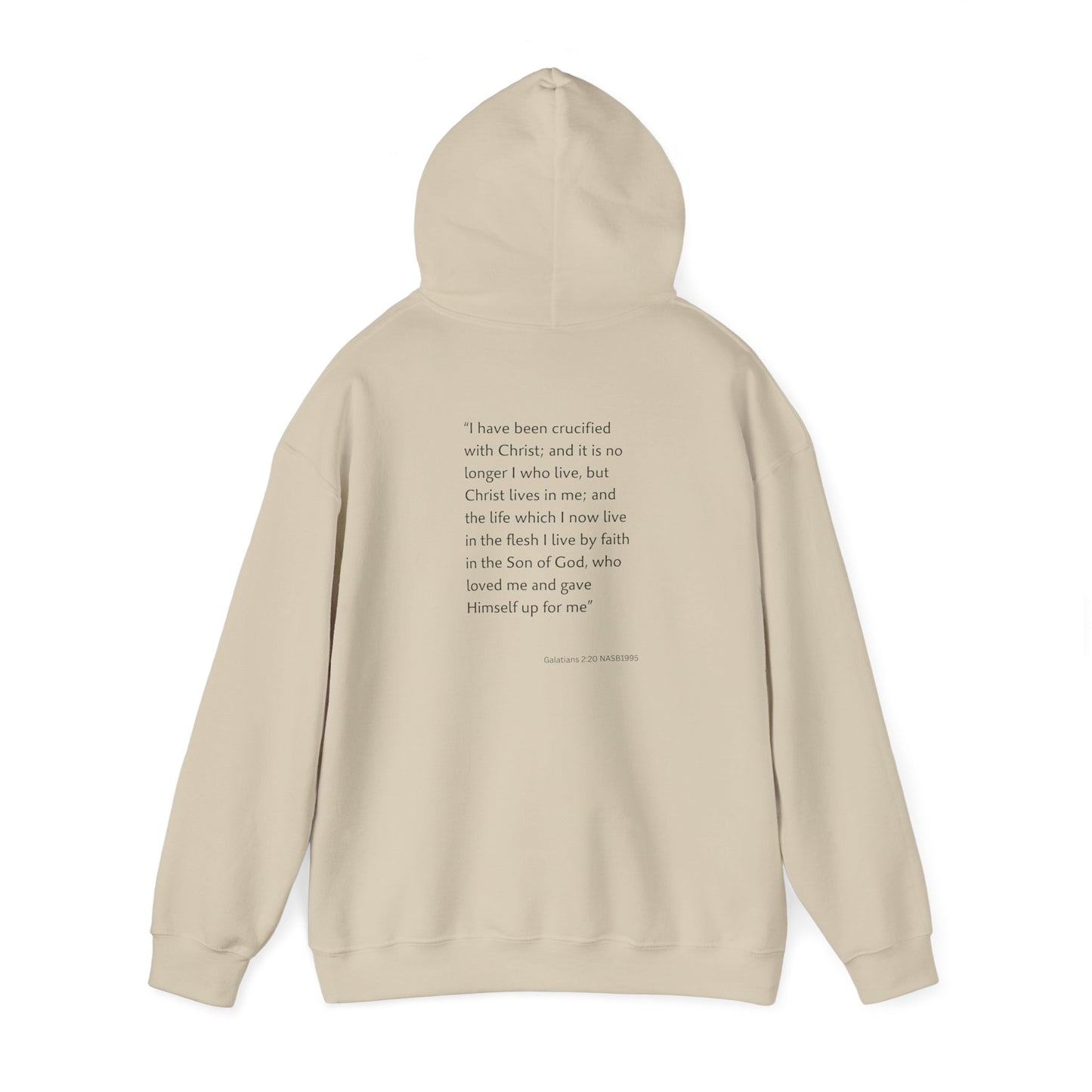 Faith Inspired Christian Cross with Thorns on Front and Galatians 2:20 on back Hooded Sweatshirt