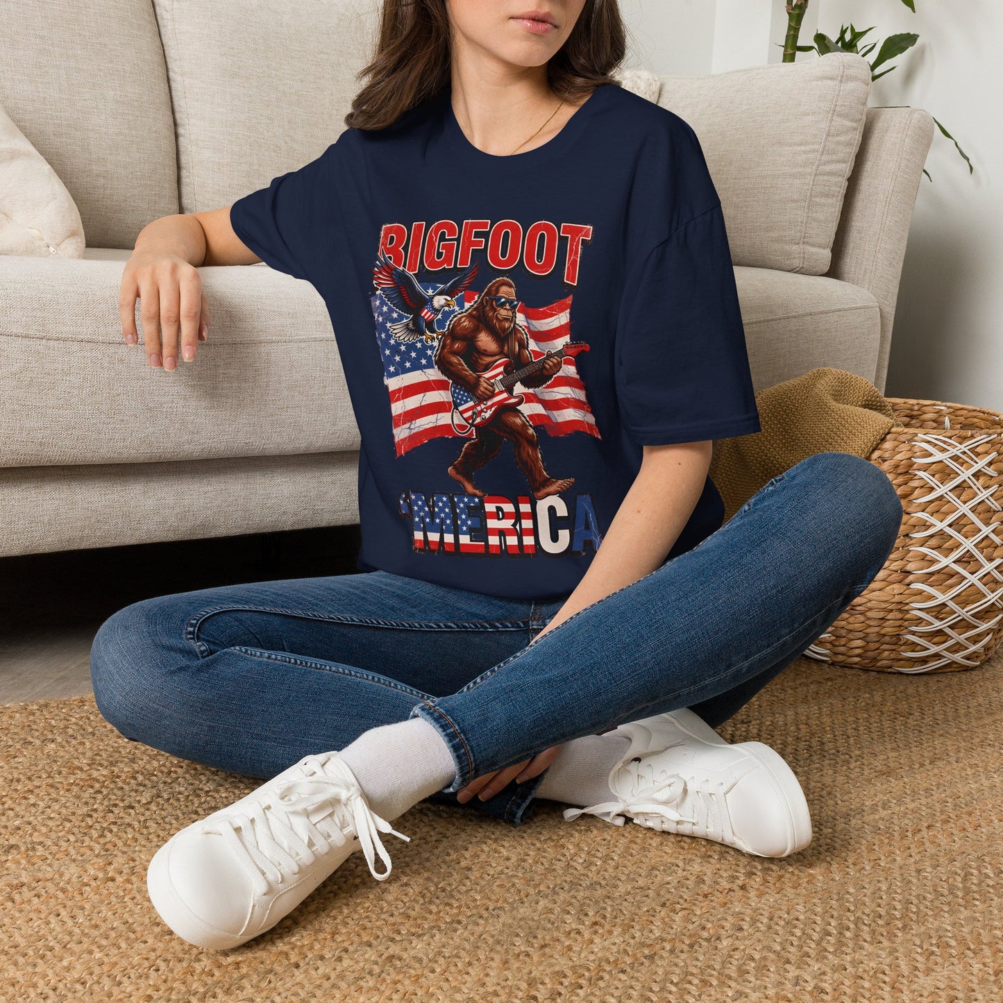 Bigfoot America T-Shirt — Patriotic Bigfoot Playing Guitar Graphic Tee