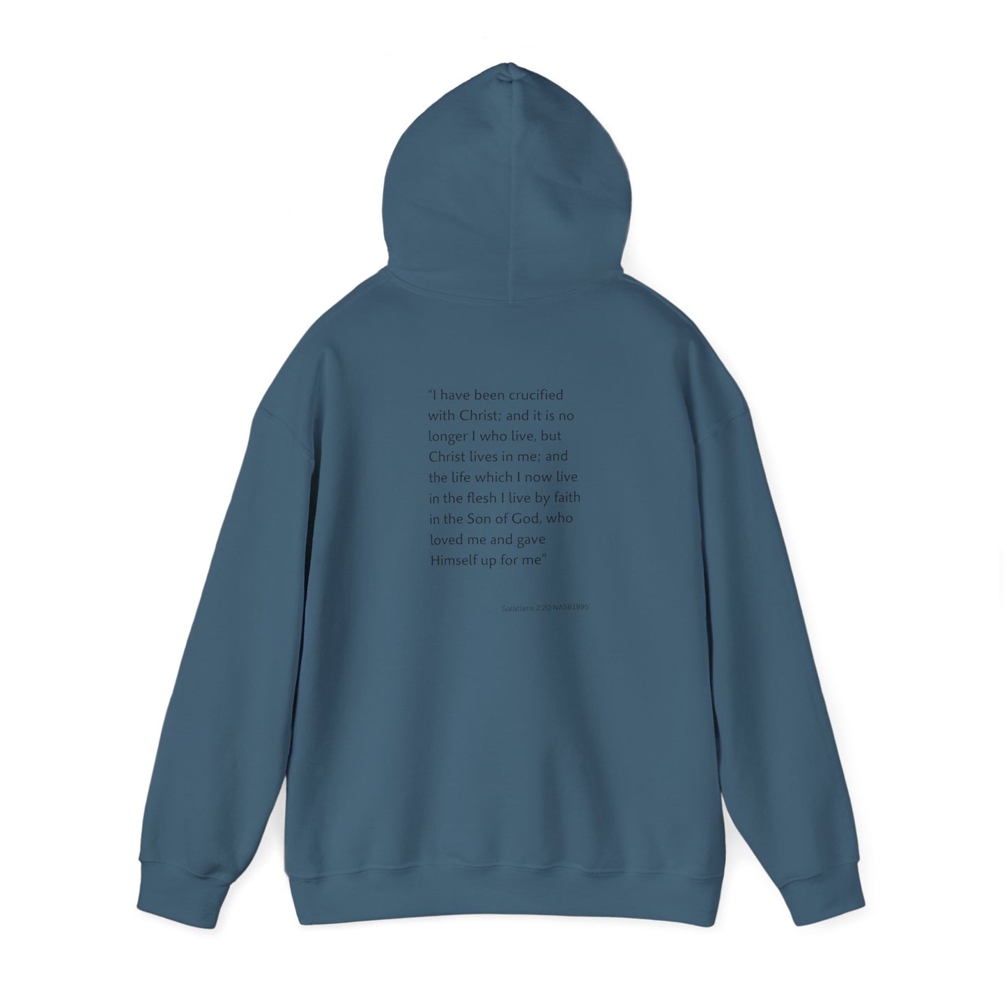 Faith Inspired Christian Cross with Thorns on Front and Galatians 2:20 on back Hooded Sweatshirt