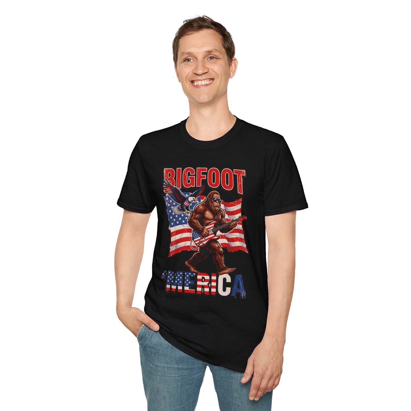 Bigfoot America T-Shirt — Patriotic Bigfoot Playing Guitar Graphic Tee