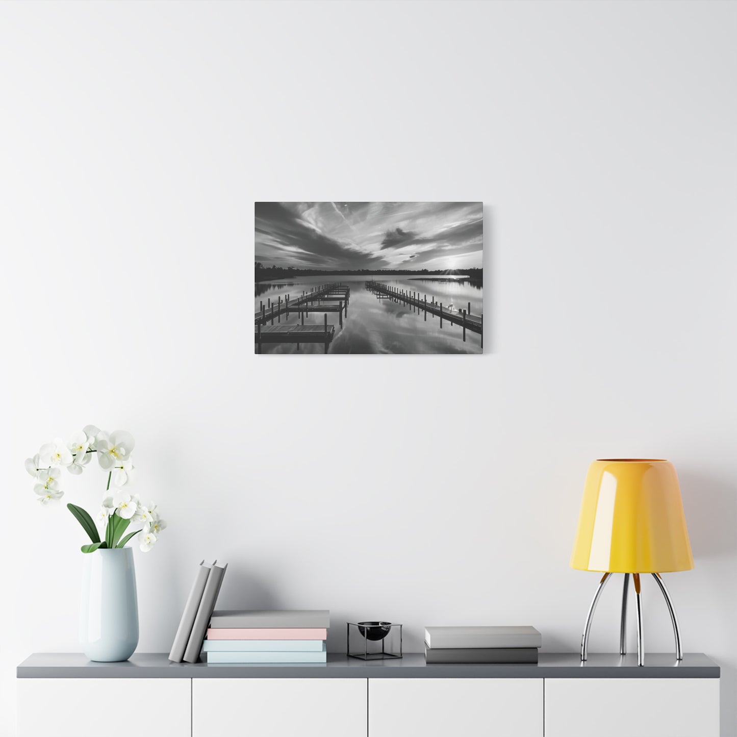 Serene Black and White Landscape Canvas Wall Art. Experience the calming vibe of overlooking the water at the end of the day.