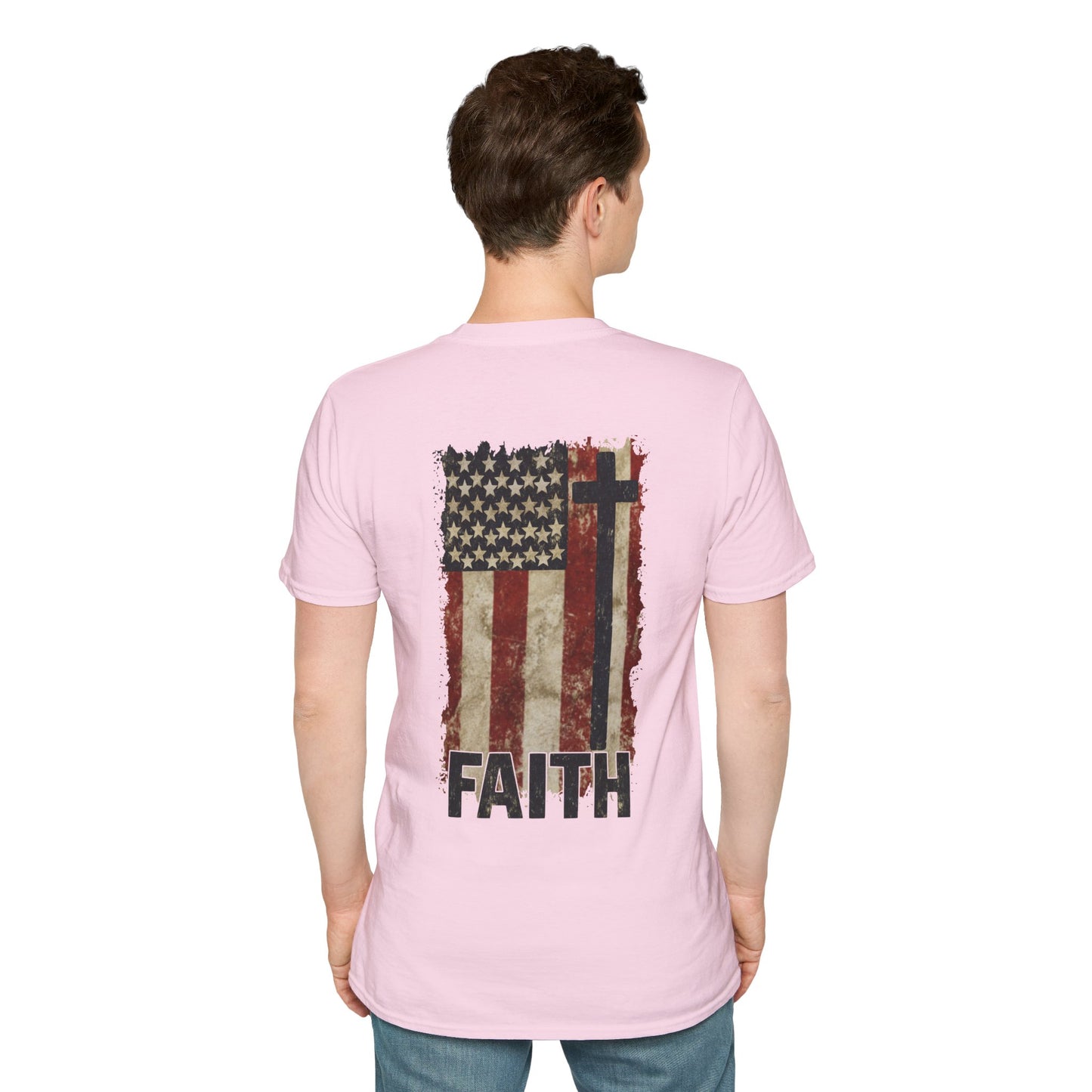 Faith-Inspired Unisex Softstyle T-Shirt, Vintage American Flag Tee, Inspirational Faith Shirt, Christian Apparel, Gifts for Believers