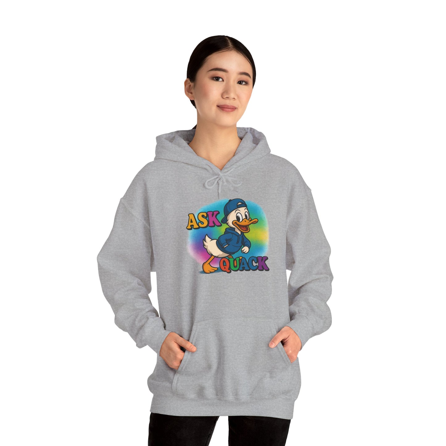 Askquack Male Duck Unisex Hoodie, Quirky Duck Design Sweatshirt, Novelty Animal Jumper, Humorous Duck Apparel, Unique Hooded Top