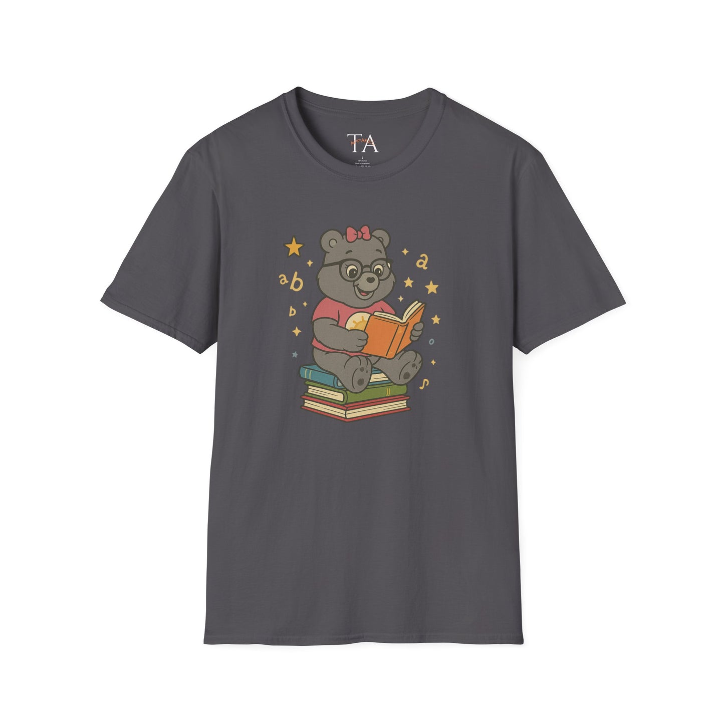 Carebear Jr Book Design Unisex Softstyle T-Shirt, Kids Graphic Tee, Children Reading Shirt, Cute Bear Illustration Top, Retro Style Apparel