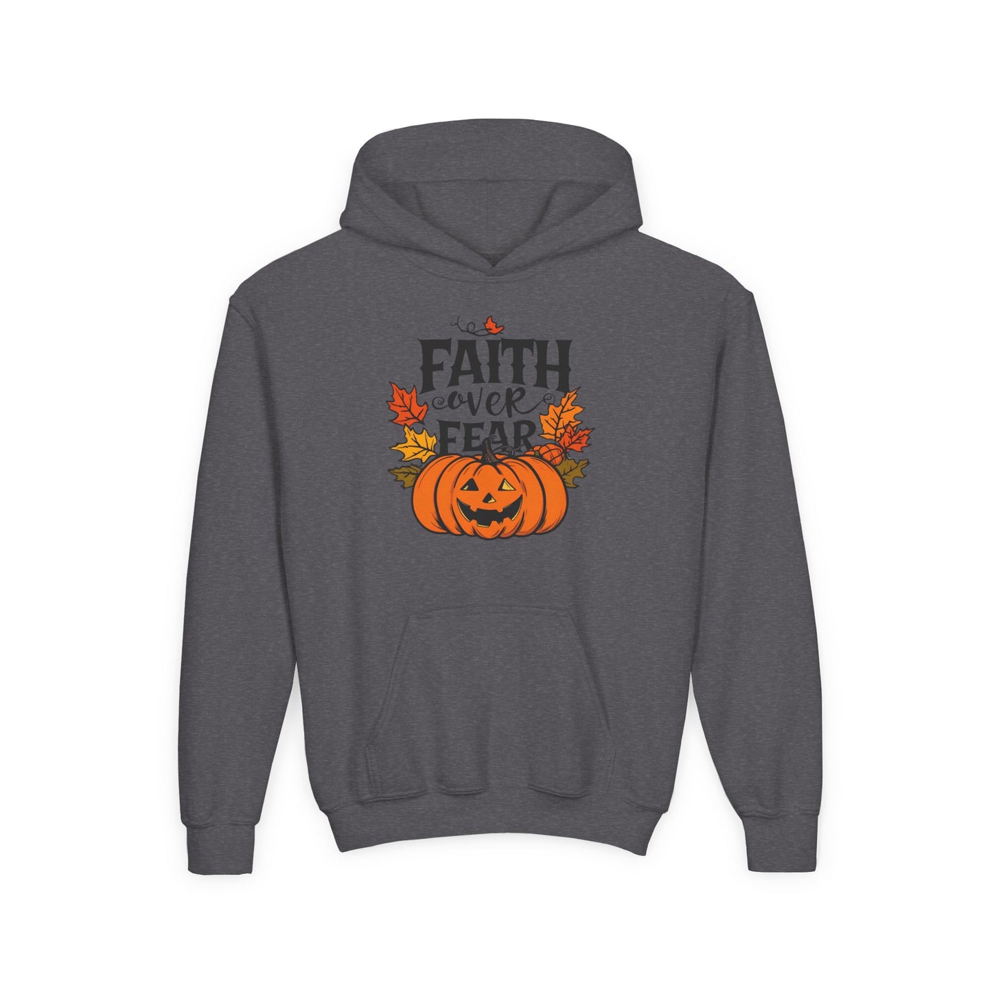 Halloween Faith Over Fear Kids Hoodie - Fall Sweatshirt, Halloween Apparel, Cozy Gift, Pumpkin Design, Inspirational Clothing