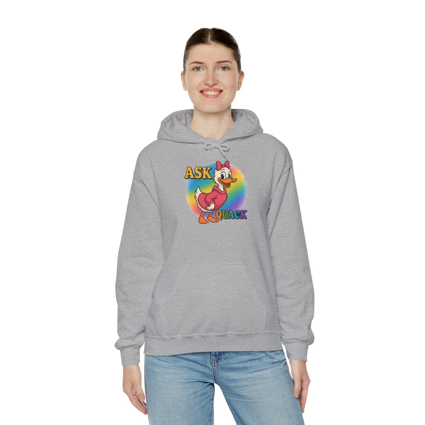 Askquack Female Duck Unisex Hoodie, Quirky Duck Design Sweatshirt, Novelty Animal Jumper, Humorous Duck Apparel, Unique Hooded Top
