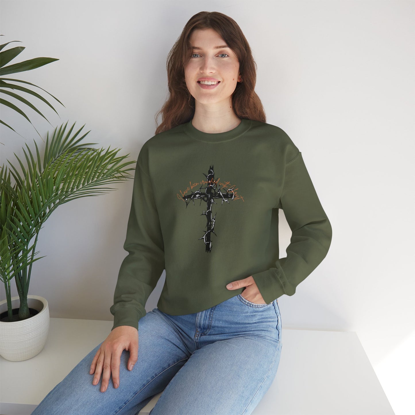 Faith Inspired Crewneck Sweatshirt Barbed Cross Design with Galatians 2:20