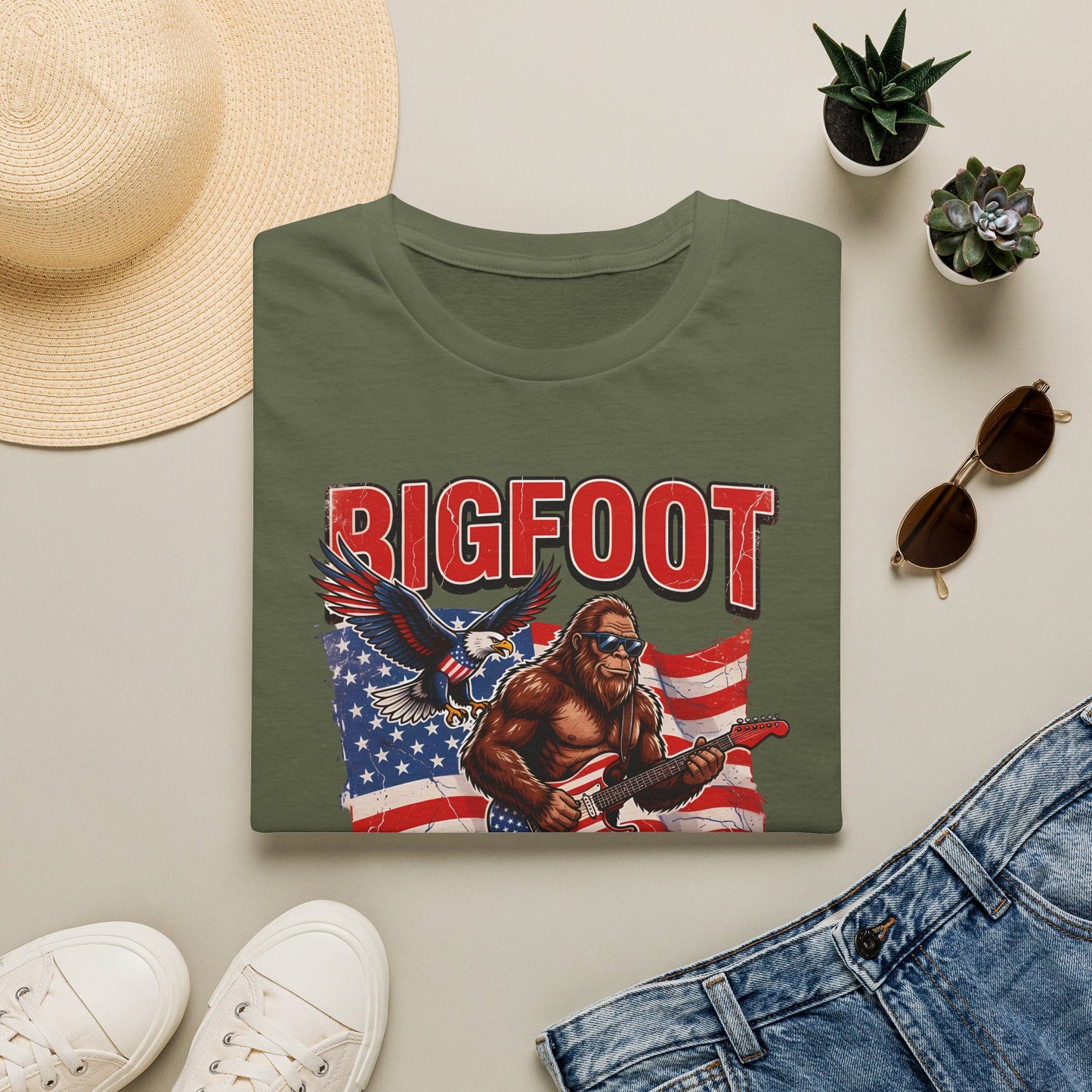 Bigfoot America T-Shirt — Patriotic Bigfoot Playing Guitar Graphic Tee