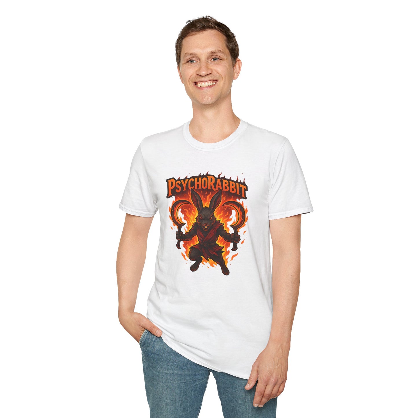 Psychorabbit Graphic Tee | Unisex Softstyle T-Shirt for Anime Fans and Gamers