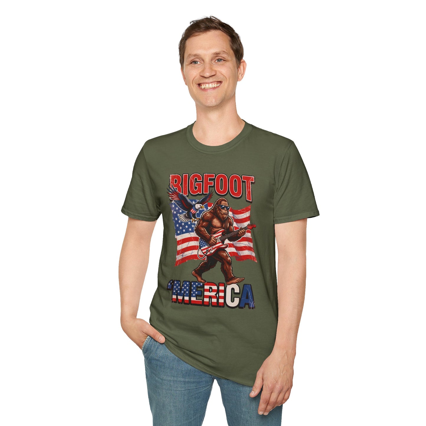 Bigfoot America T-Shirt — Patriotic Bigfoot Playing Guitar Graphic Tee