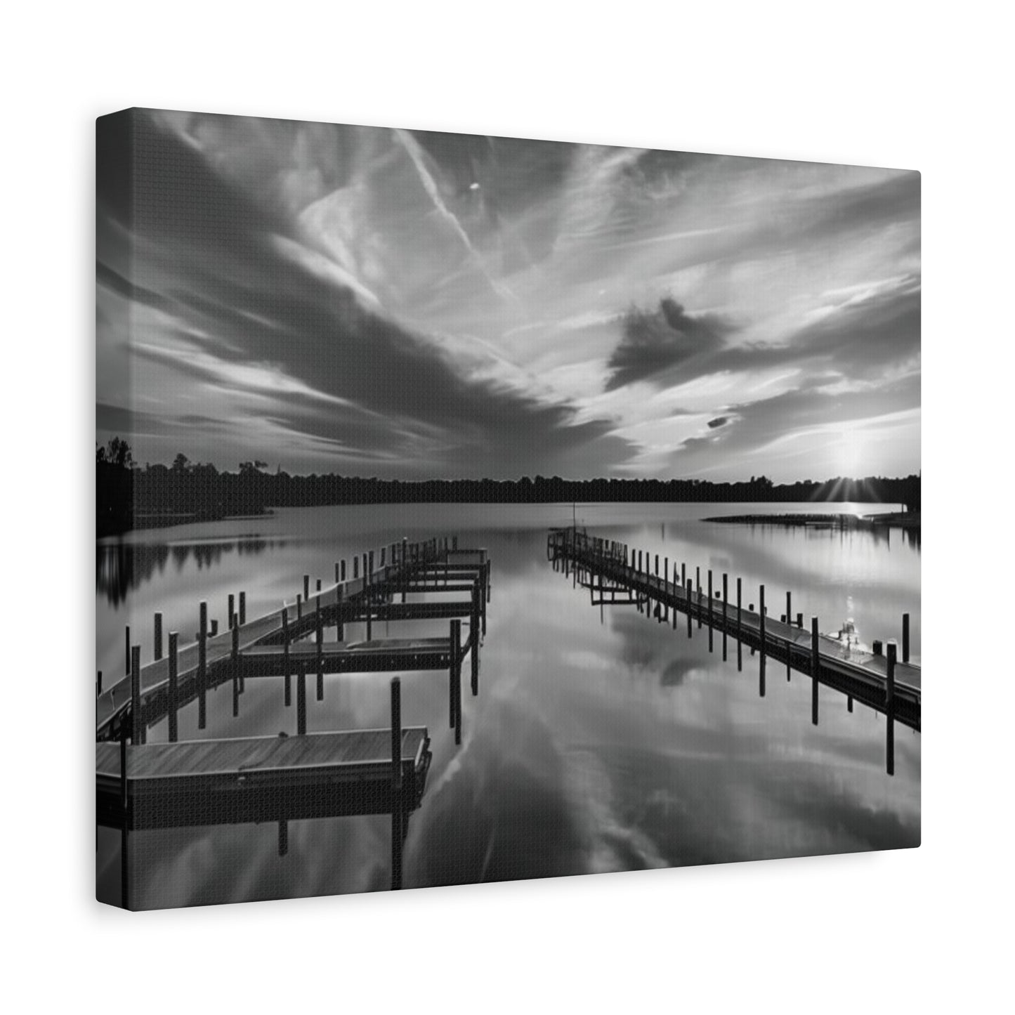 Serene Black and White Landscape Canvas Wall Art. Experience the calming vibe of overlooking the water at the end of the day.