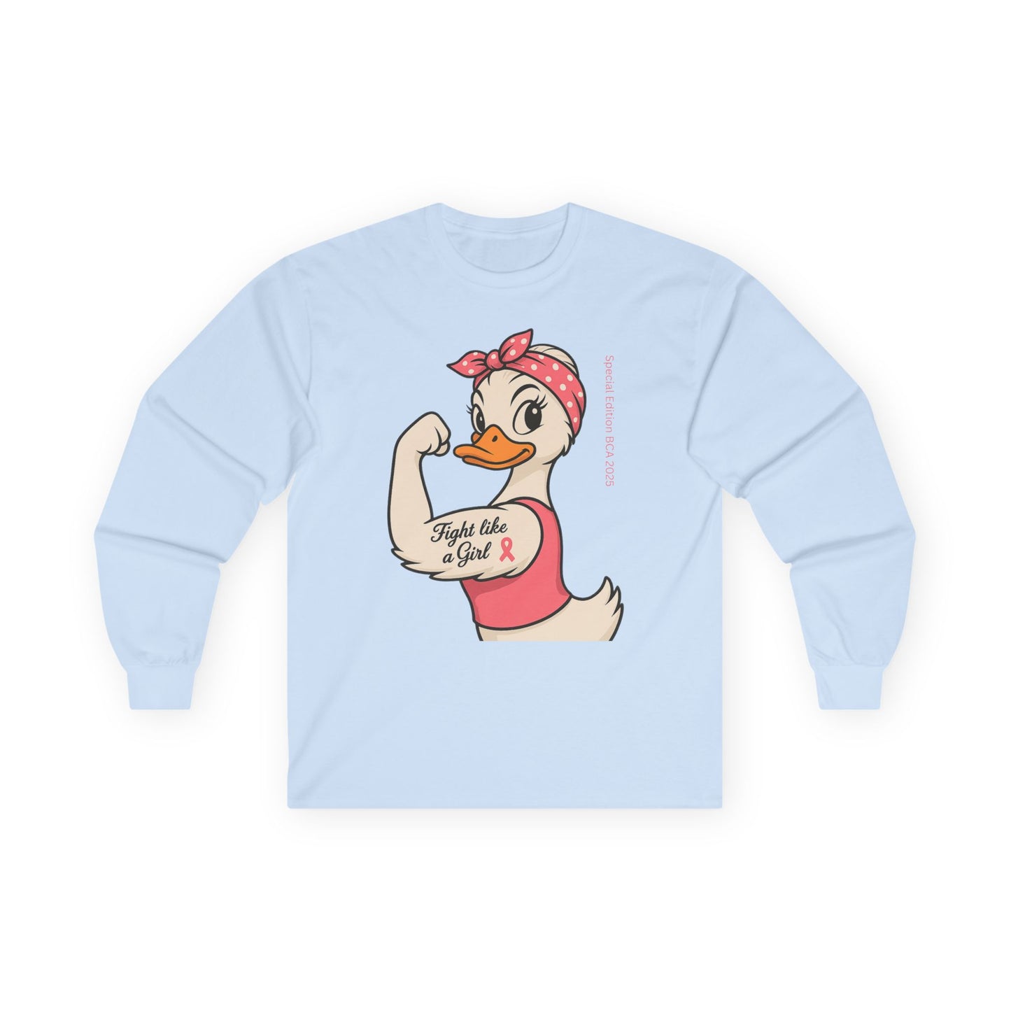 Breast Cancer Awareness Fight Like a Girl Duck Long Sleeve Tee - Unisex Crewneck, Roxie the Riveter Empowerment, Gift for him and her