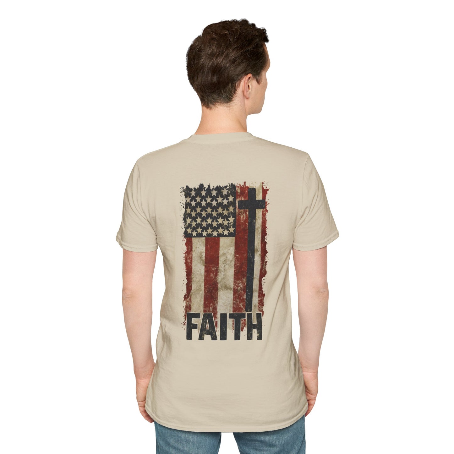 Faith-Inspired Unisex Softstyle T-Shirt, Vintage American Flag Tee, Inspirational Faith Shirt, Christian Apparel, Gifts for Believers