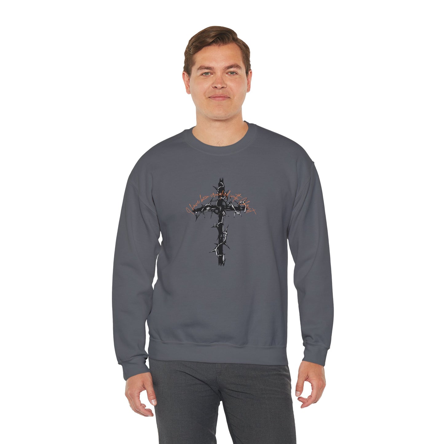 Faith Inspired Crewneck Sweatshirt Barbed Cross Design with Galatians 2:20