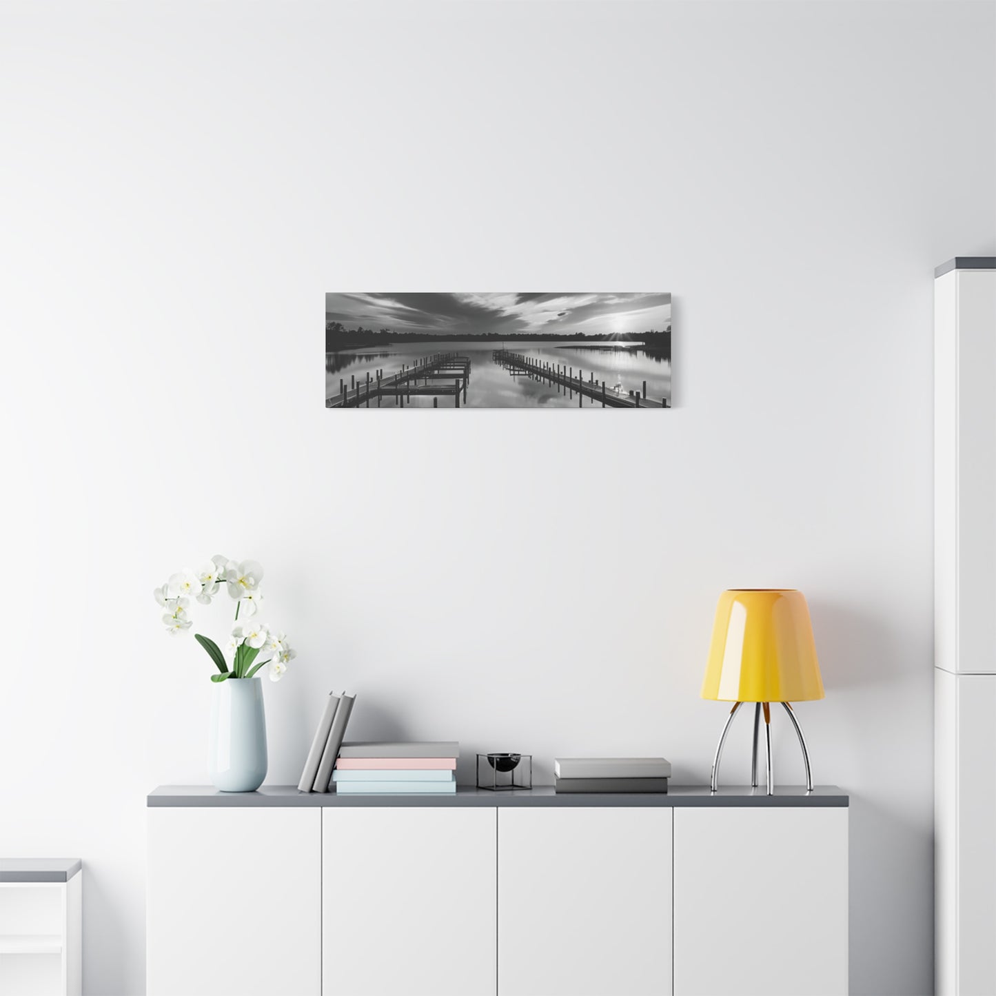 Serene Black and White Landscape Canvas Wall Art. Experience the calming vibe of overlooking the water at the end of the day.