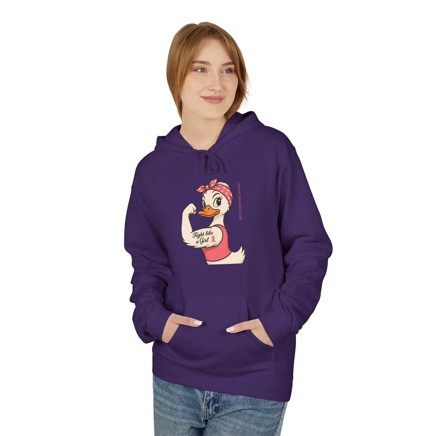 Breast Cancer Awareness Hoodie - Roxie the Riveter Duck Graphic - Fight Like a Girl Slogan, Feminist Apparel, Pink Ribbon Hoodie, Advocacy